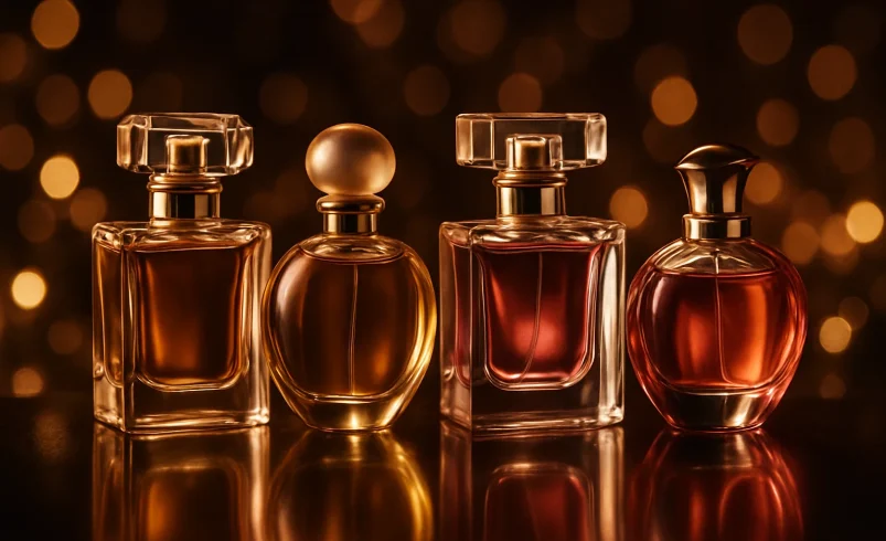 چیدمانی لوکس از عطرهای زنانه روی سطح براق با نورپردازی طلایی و رز و پس‌زمینه بوکه سینمایی