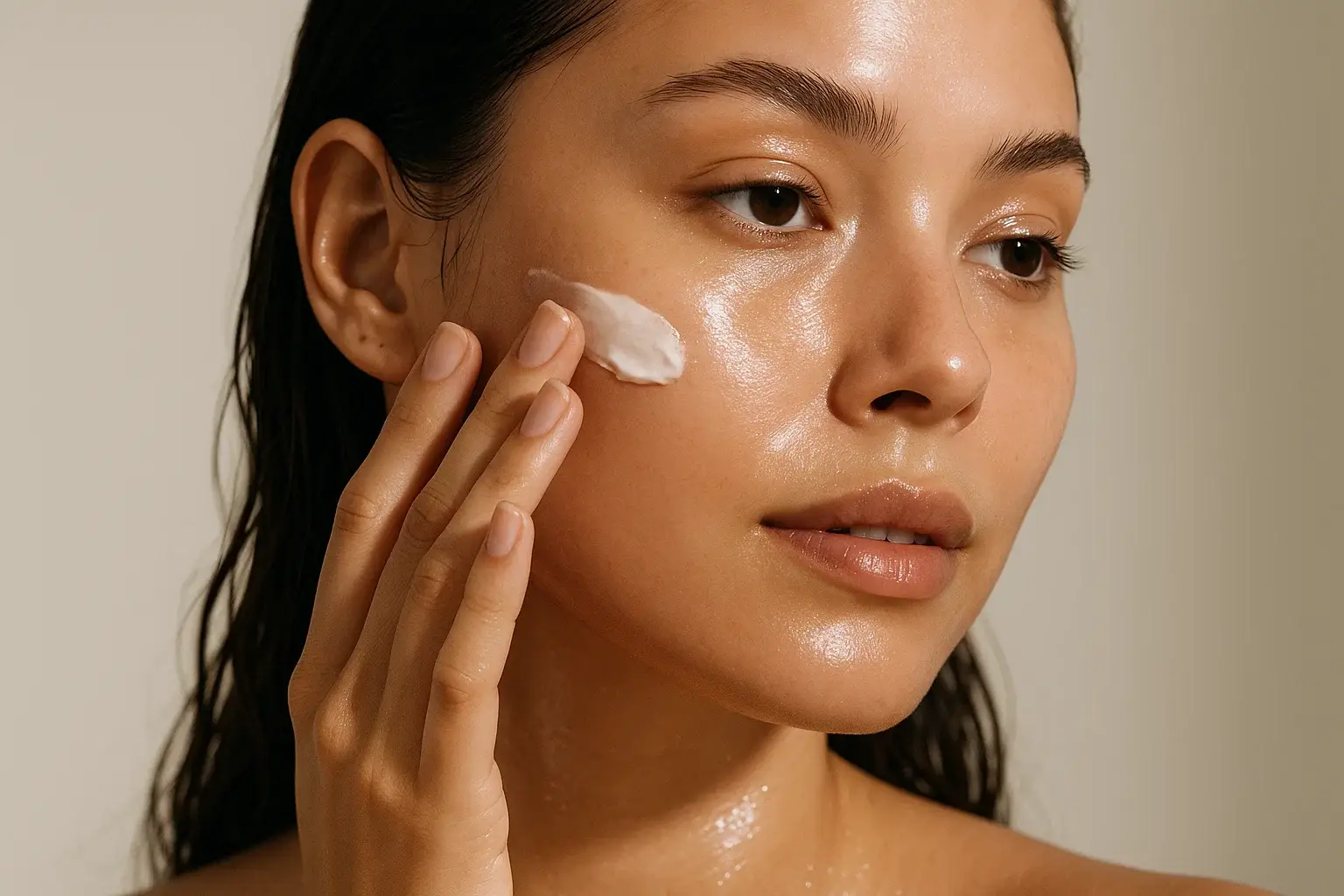 خانمی در حال استفاده از بهترین آبرسان پوست چرب با پوست درخشان و مرطوب، نماد تأثیر واقعی آبرسانی بر شادابی پوست چرب