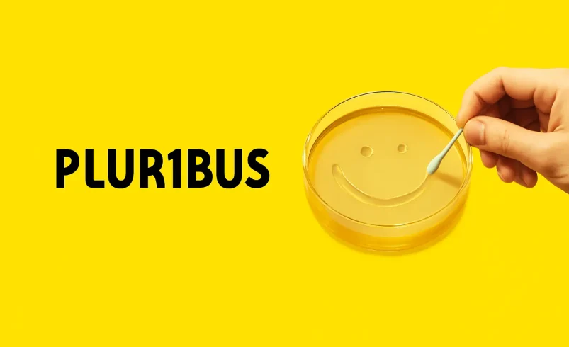 پوستر سریال Pluribus با پس‌زمینه زرد، نوشته PLUR1BUS و یک ظرف آزمایشگاهی با لبخند رسم‌شده در محیط کشت، ژانر علمی تخیلی و درام