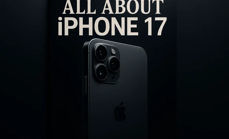 کاور مجلهای مدرن از آیفون ۱۷ با طراحی مینیمال، پسزمینه تیره و نورپردازی حرفهای؛ مناسب مقاله بررسی مشخصات، قیمت و زمان معرفی آیفون ۱۷