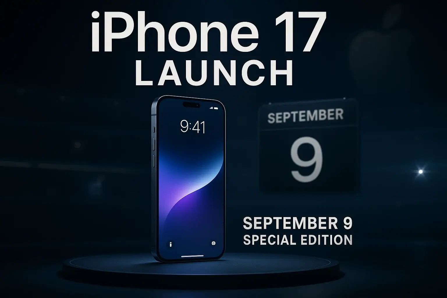 کاور مجله‌ای حرفه‌ای از رویداد معرفی آیفون ۱۷ در تاریخ ۹ سپتامبر؛ با تصویر گوشی آیفون ۱۷ روی صحنه‌ای شبیه به کنفرانس اپل، پس‌زمینه تیره و تقویم دیجیتالی درخشان