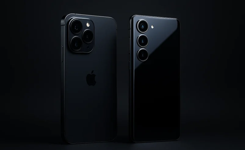 تصویر کاور مجلهای برای مقاله مقایسه آیفون ۱۷ و S25 با طراحی روشن، حرفهای و نمایش زاویهدار هر دو گوشی.