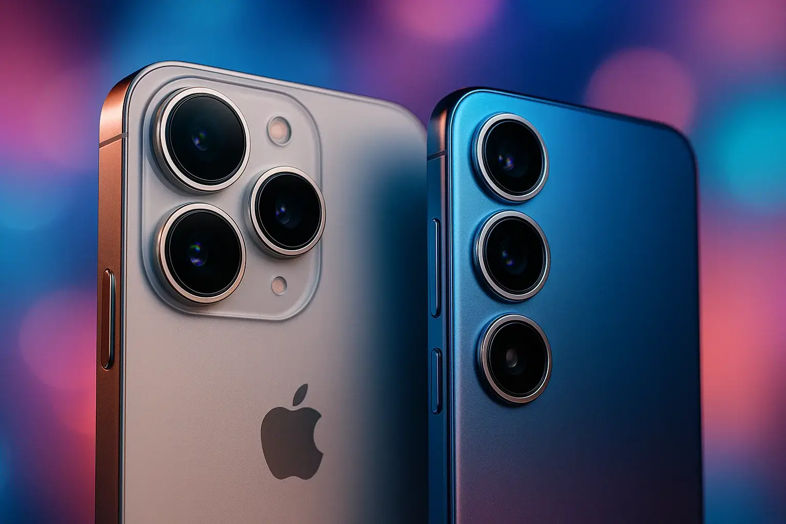 تصویر ماژول دوربین آیفون ۱۷ و S25 در کنار هم با طراحی رنگارنگ و مجله‌ای، مربوط به بخش مقایسه آیفون ۱۷ و S25 در کیفیت عکس و فیلم.