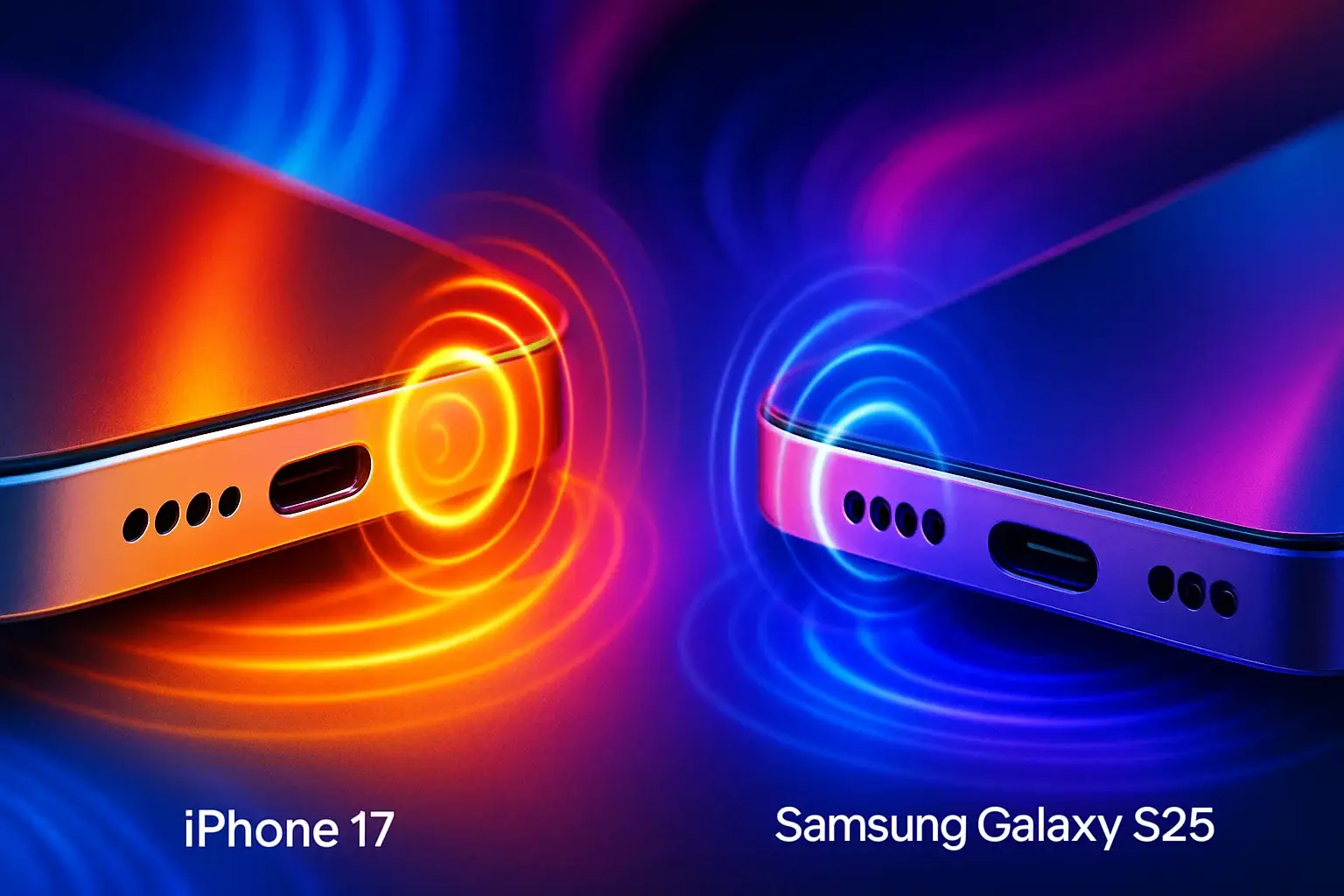 تصویر اسپیکر آیفون ۱۷ و S25 با جلوه‌های صوتی رنگارنگ و مجله‌ای، مربوط به بخش مقایسه آیفون ۱۷ و S25 از نظر کیفیت صدا و اسپیکر.