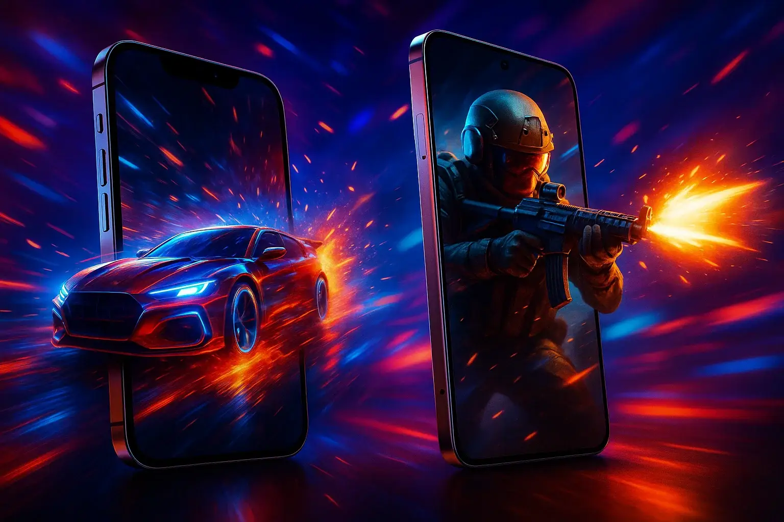 تصویر گیمینگ آیفون ۱۷ و S25 با افکت‌های رنگی و هیجانی، مربوط به بخش مقایسه آیفون ۱۷ و S25 در اجرای بازی‌های سنگین و گرافیکی.
