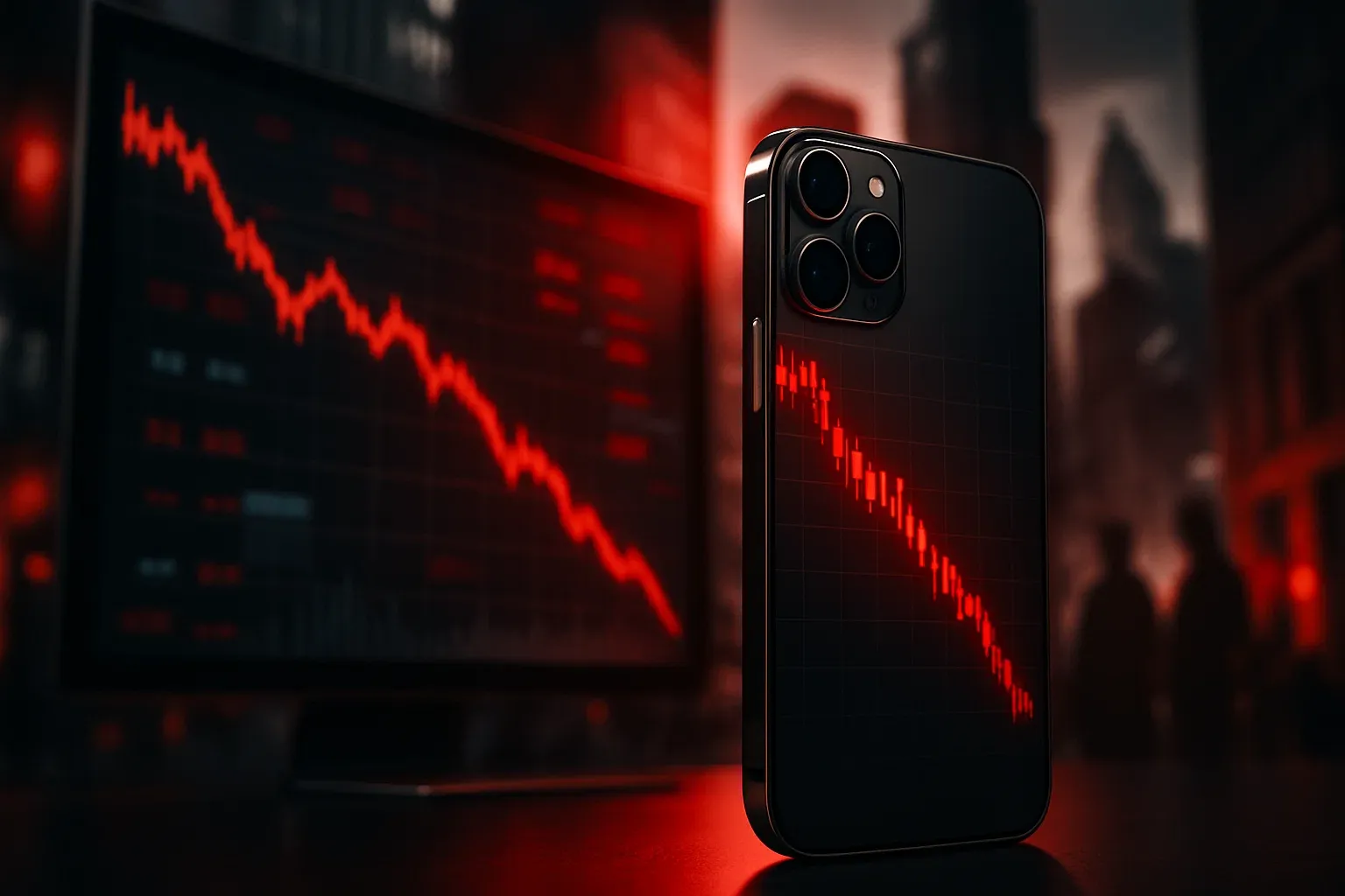 تصویر مفهومی از واکنش منفی بازار والاستریت به معرفی آیفون 17، همراه با نمودارهای نزولی و فضای تحلیل مالی