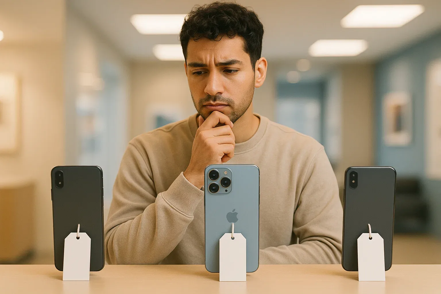 تصویر مفهومی از تغییر رفتار مصرفکننده در مواجهه با معرفی آیفون 17، در حال مقایسه گوشیها و ارزیابی ارزش خرید