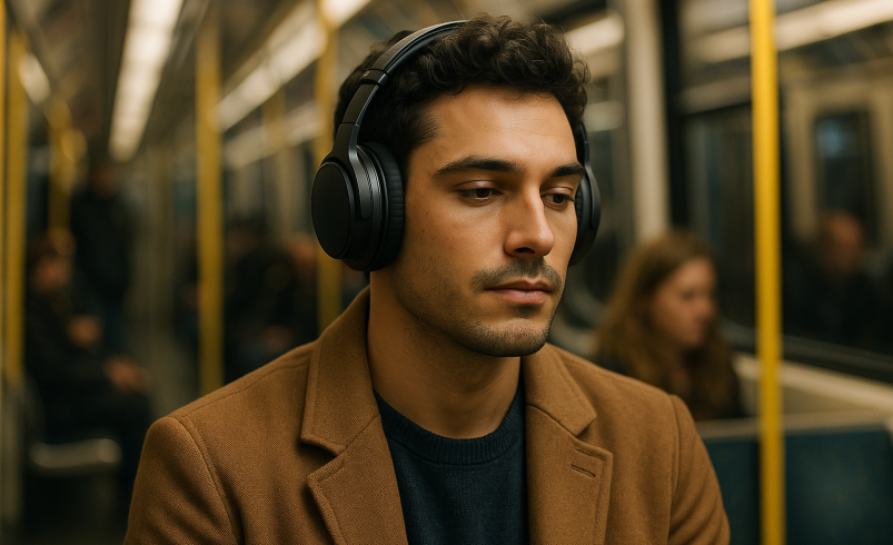 مردی با هدفون در قطار شلوغ، نمونهای واقعی از کاربرد نویز کنسلینگ چیست.