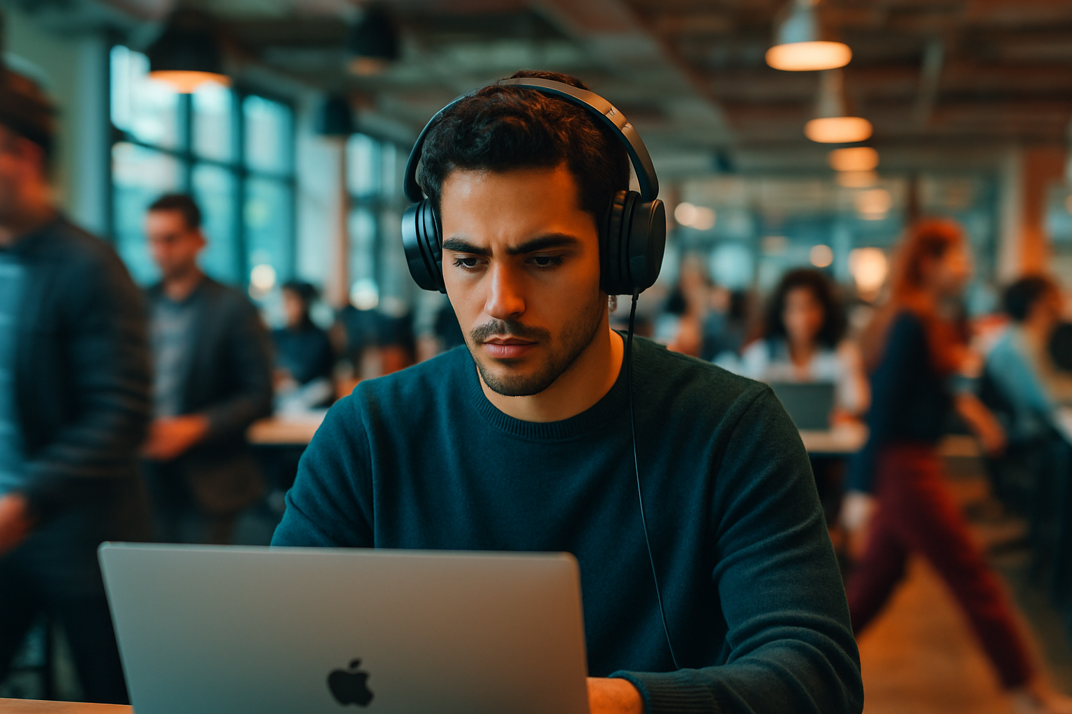 مردی با هدفون در حال تمرکز در دفتر شلوغ؛ نمونه‌ای از تأثیر نویز کنسلینگ چیست بر بهره‌وری.