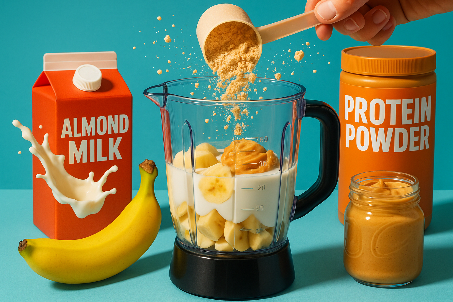 بهترین زمان مصرف پروتئین وی، ترکیب پروتئین وی با شیر بادام، موز و کره بادام‌زمینی در مخلوط‌کن.