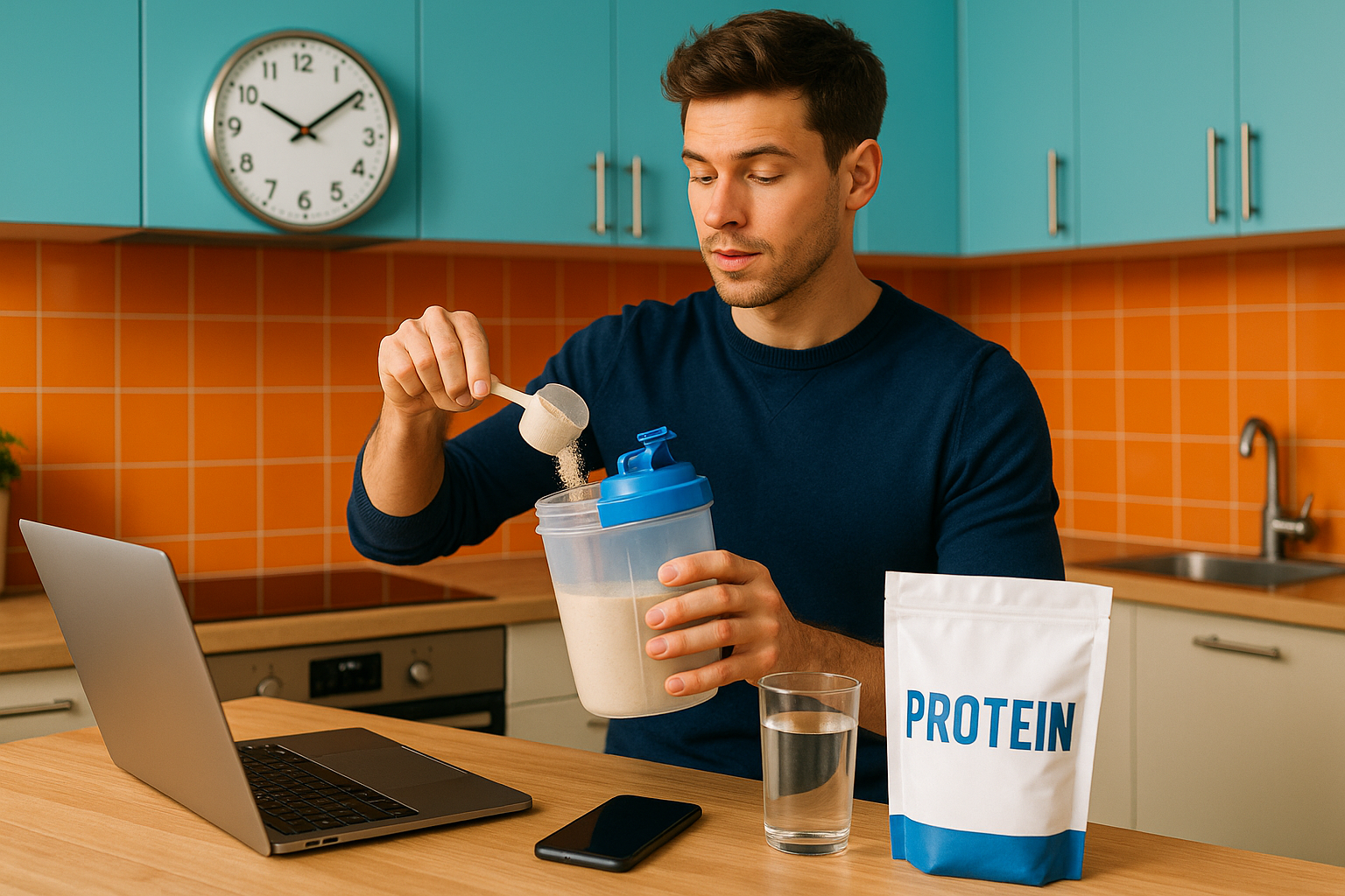 بهترین زمان مصرف پروتئین وی در روزهای پرمشغله، فردی مشغول تهیه شیک پروتئین در یک آشپزخانه شیک و مدرن.