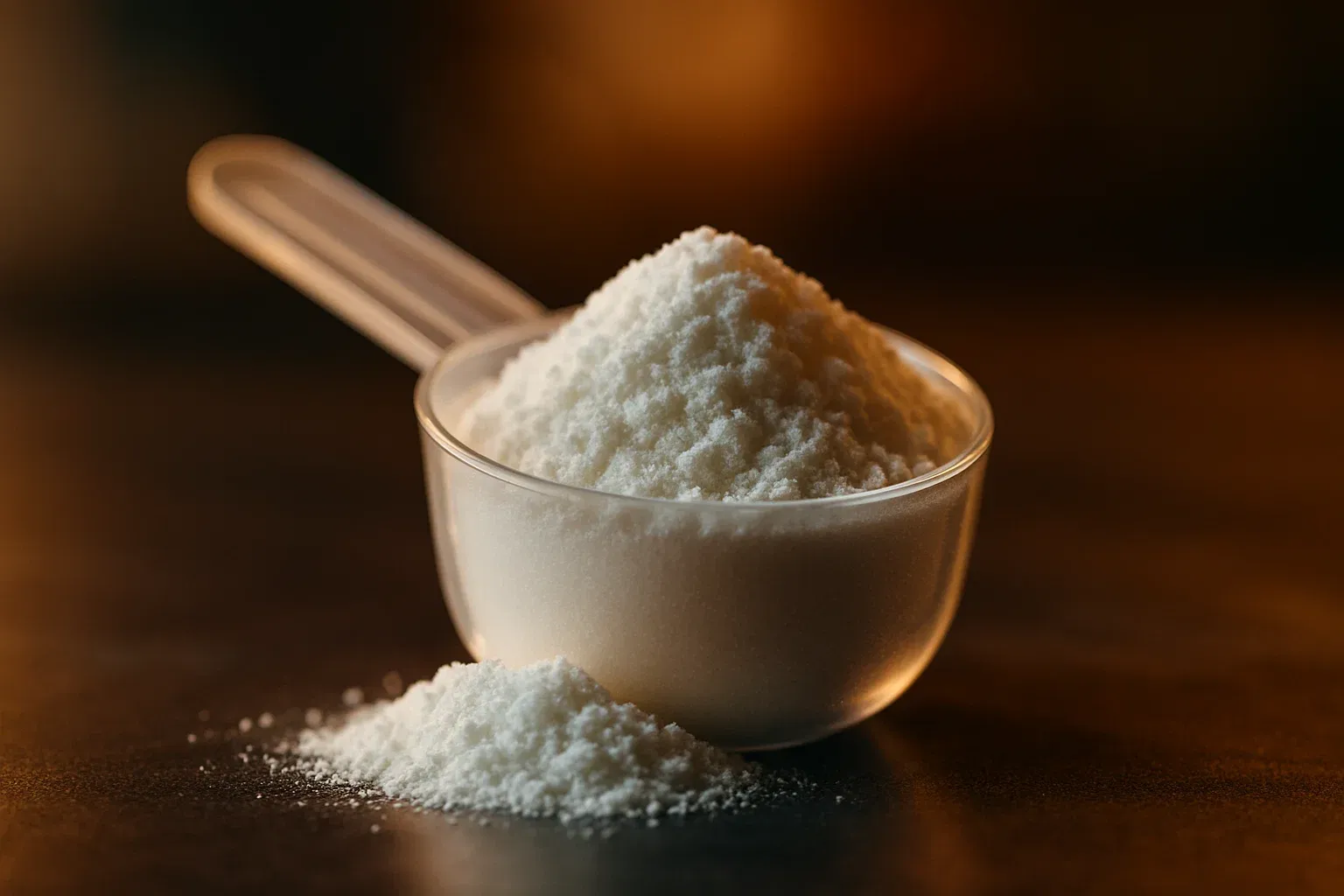 نمای نزدیک از پودر بتا آلانین در اسکوپ، با نورپردازی سینمایی و رنگهای طبیعی، مرتبط با مقاله هر مکمل ورزشی به چه دردی میخوره