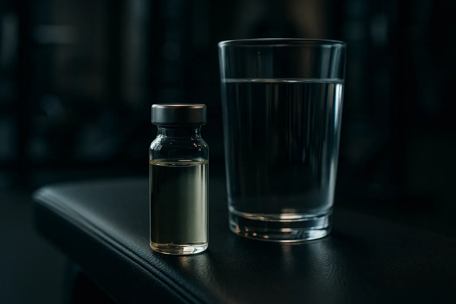 نمای خلاقانه از مکمل ال-کارنیتین به صورت کپسول کنار لیوان آب روی نیمکت باشگاه، با نورپردازی سینمایی، مناسب مقاله هر مکمل ورزشی به چه دردی میخوره