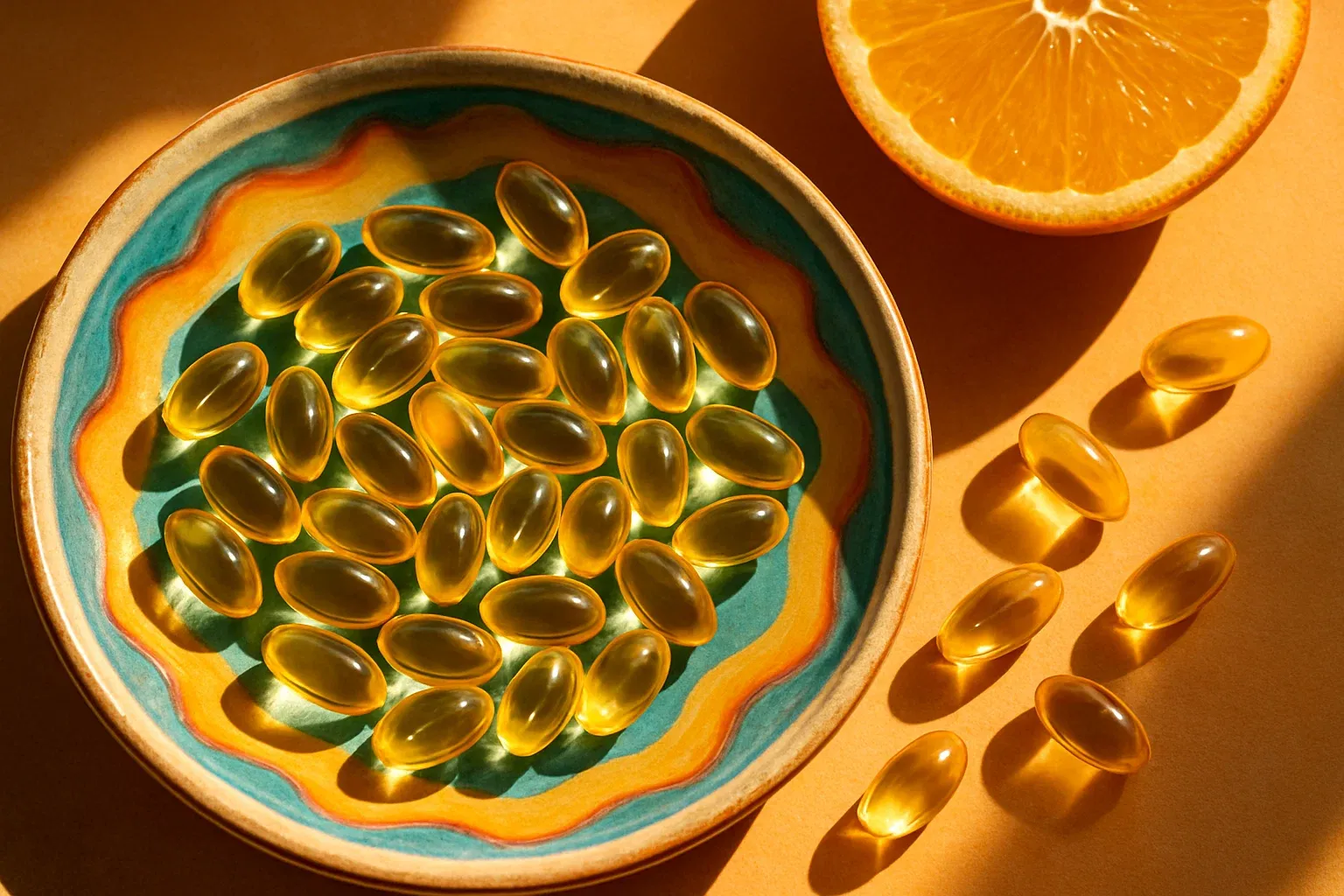 کپسولهای براق ویتامین D در نور آفتاب کنار برش پرتقال با رنگهای جذاب و زنده، الهامبخش سلامتی در مقاله هر مکمل ورزشی به چه دردی میخوره