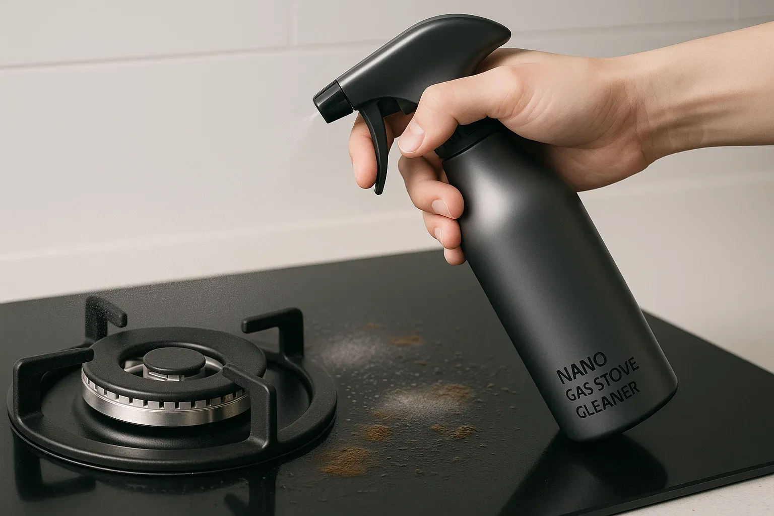 استفاده از اسپری گازپاککن نانویی روی سطح چرب اجاق برای پاکسازی مؤثر با کمک پاک کننده های چربی گاز پیشرفته