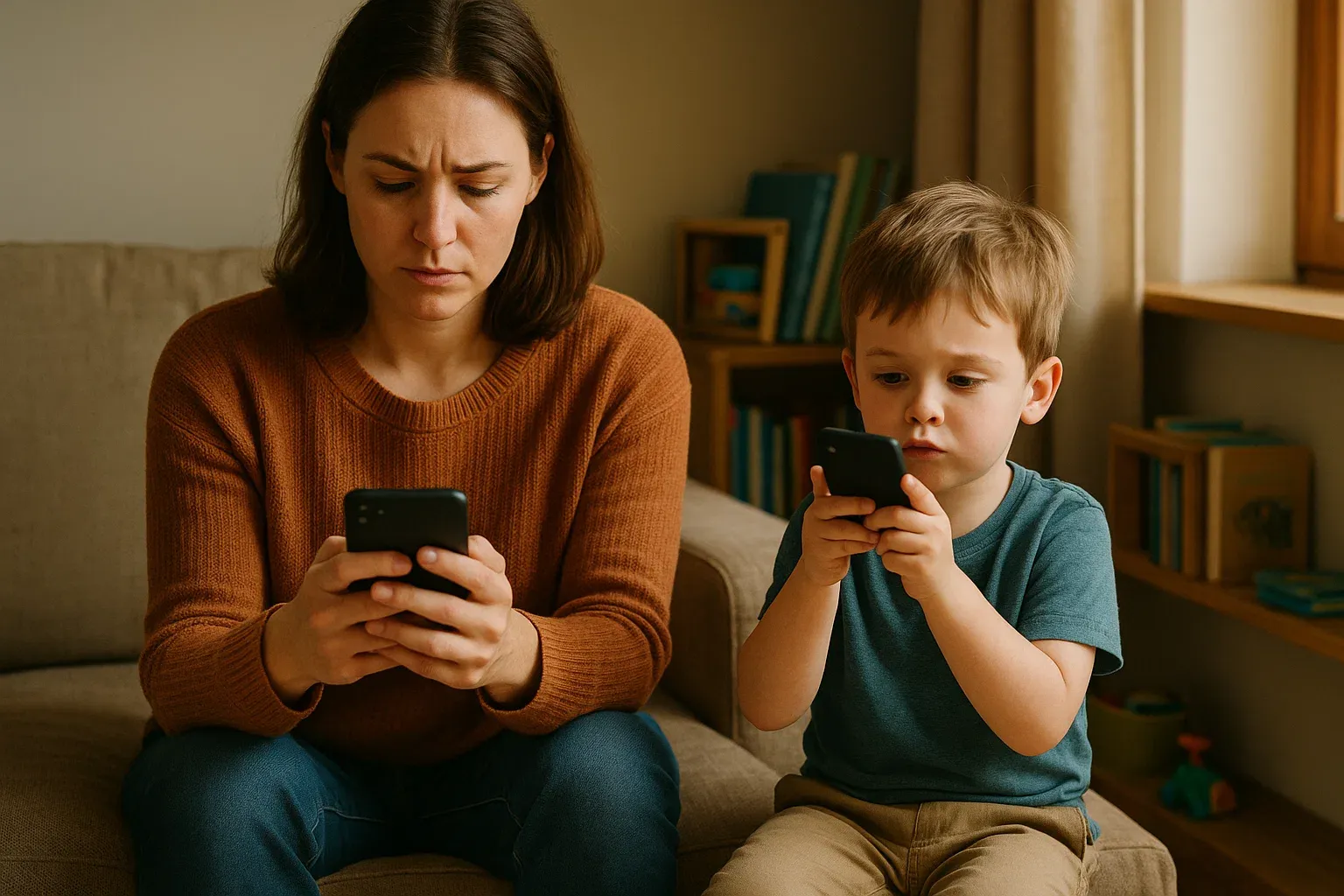 کودکی که رفتار والدینش در استفاده از گوشی های هوشمند را تقلید می‌کند