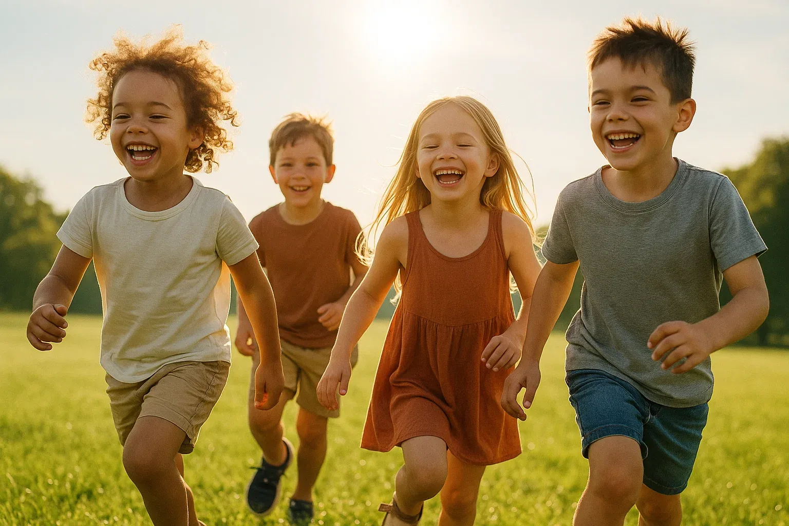 کودکان در آفتاب صبحگاهی نماد بهترین زمان مصرف ویتامین D برای بچه‌ها