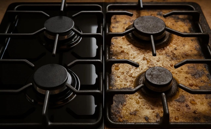 شعله گاز شیشهای که نیمی از آن تمیز و براق است و نیمه دیگر با چربی و لکههای روغن پوشیده شده است