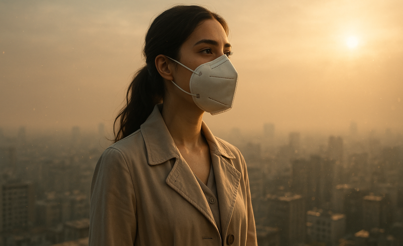 عکس واقعگرایانه و الهامبخش از زنی در شهر برای مقاله «چطور در برابر آلودگی هوا مقاوم شویم؟» با نور طلایی و فضای آرام مجلهای.