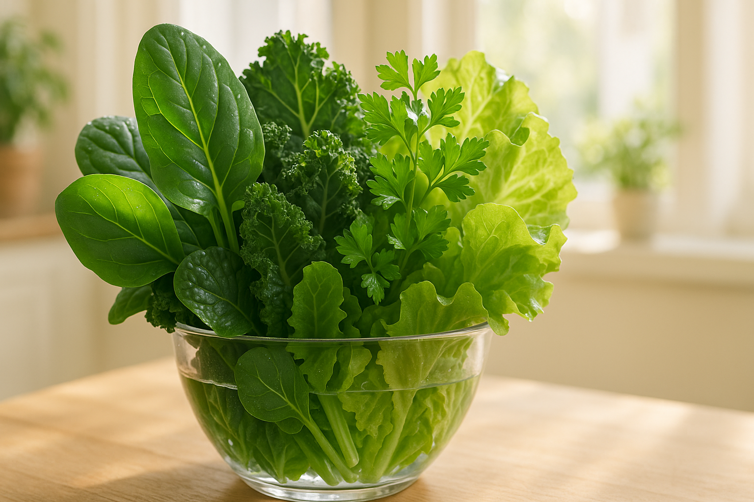 عکس طبیعی و زنده از سبزیجات تازه برای بخش «سبزیجات برگ سبز، فیلتر طبیعی بدن» در مقاله «چطور در برابر آلودگی هوا مقاوم شویم؟» با نور صبح و حس طراوت.