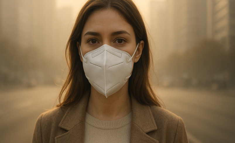 عکس زن با ماسک در روزهای آلوده برای مقاله مقایسه N95 و KN95.