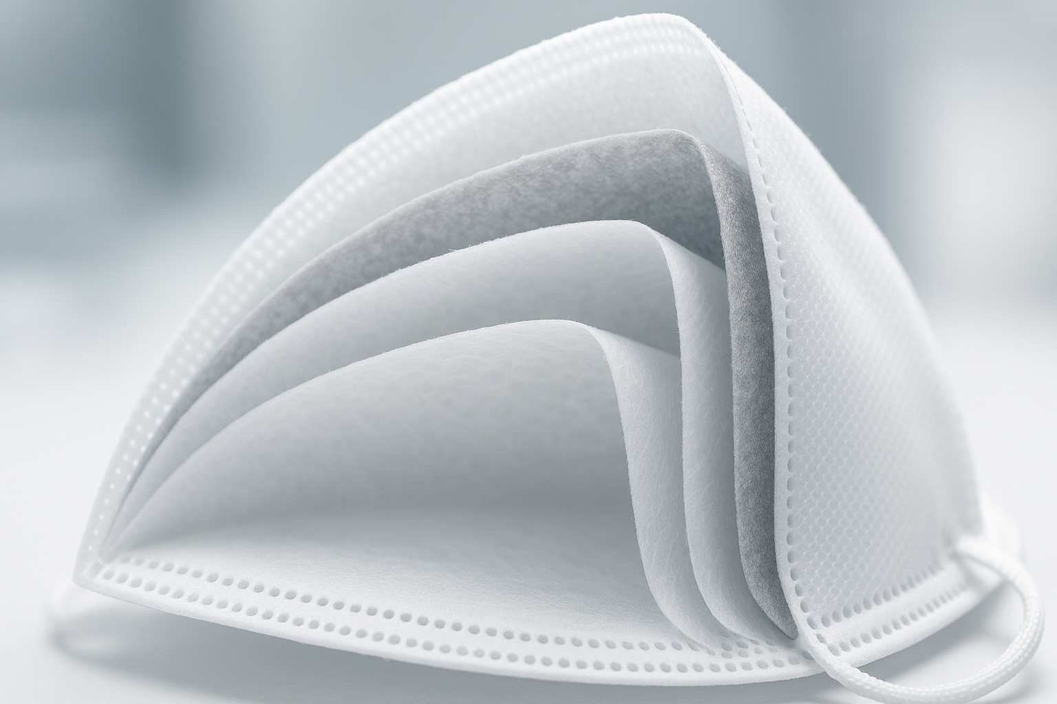 نمای نزدیک از فیلتر چندلایه ماسک در روزهای آلوده با جزئیات واقعی و دقیق.