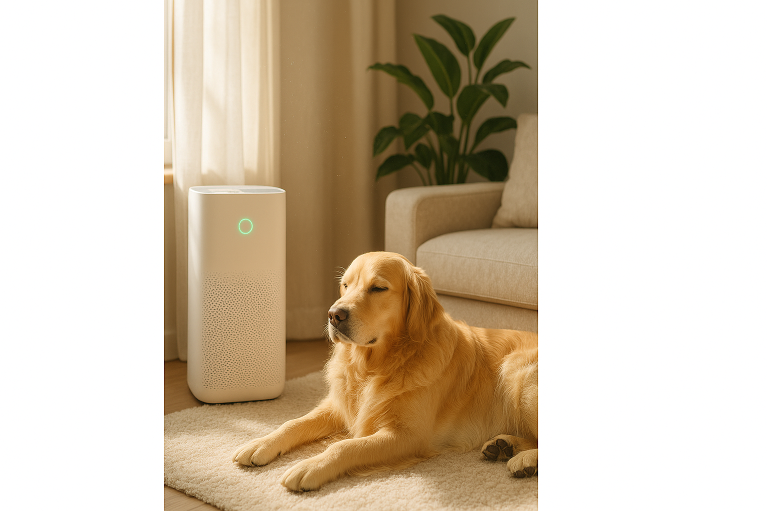 حیوان خانگی کنار بهترین دستگاه تصفیه هوا در خانه تمیز و روشن.