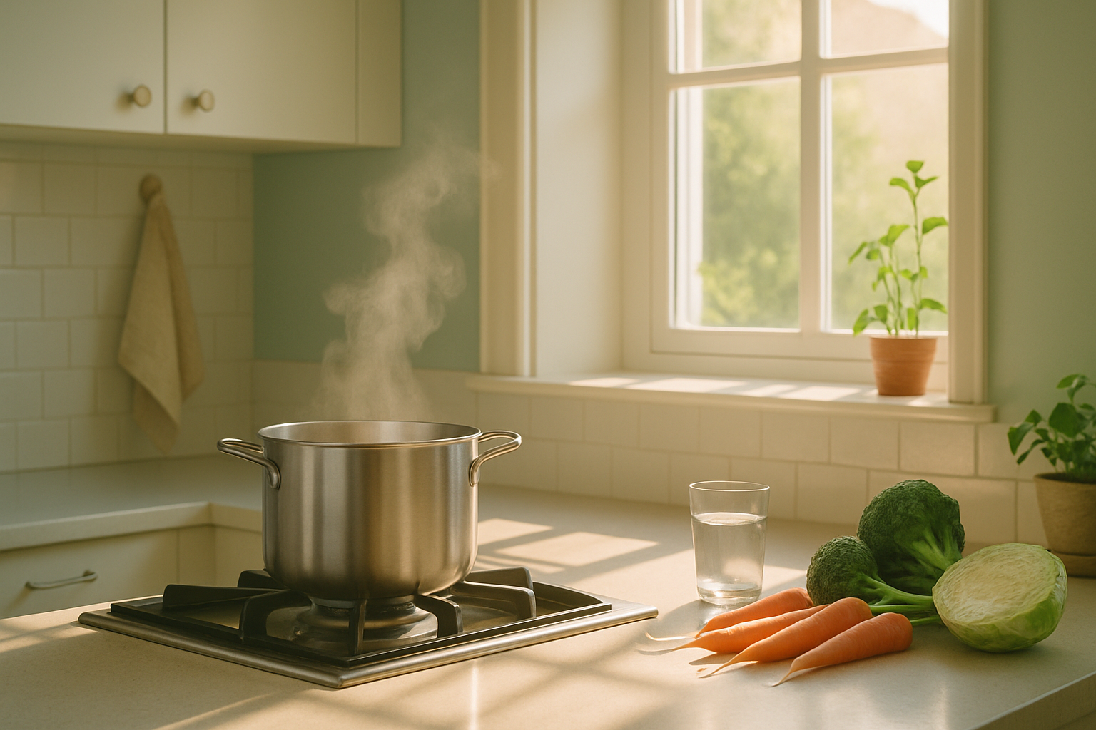 صحنه آشپزی کمحرارت در آشپزخانه روشن برای کاهش دود و حفظ هوای سالم