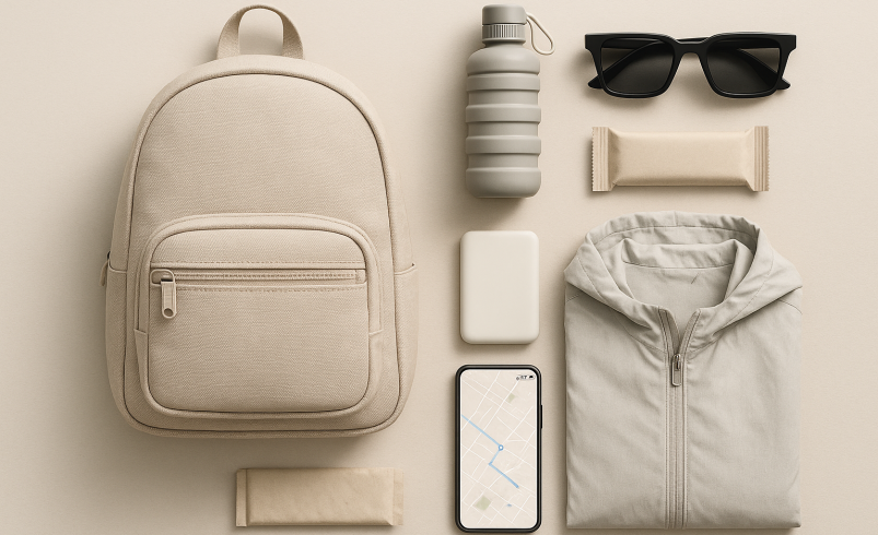 نمایی واقعی و مینیمال از لوازم سفر و تجهیزات سفر ۲۰۲۵ مناسب کاور مقاله سفر یکروزه