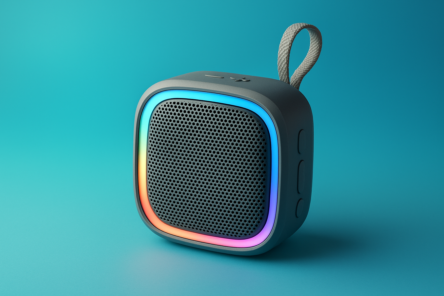 اسپیکر بلوتوثی کوچک و قابل‌حمل روی پس‌زمینه رنگی جذاب برای لوازم سفر