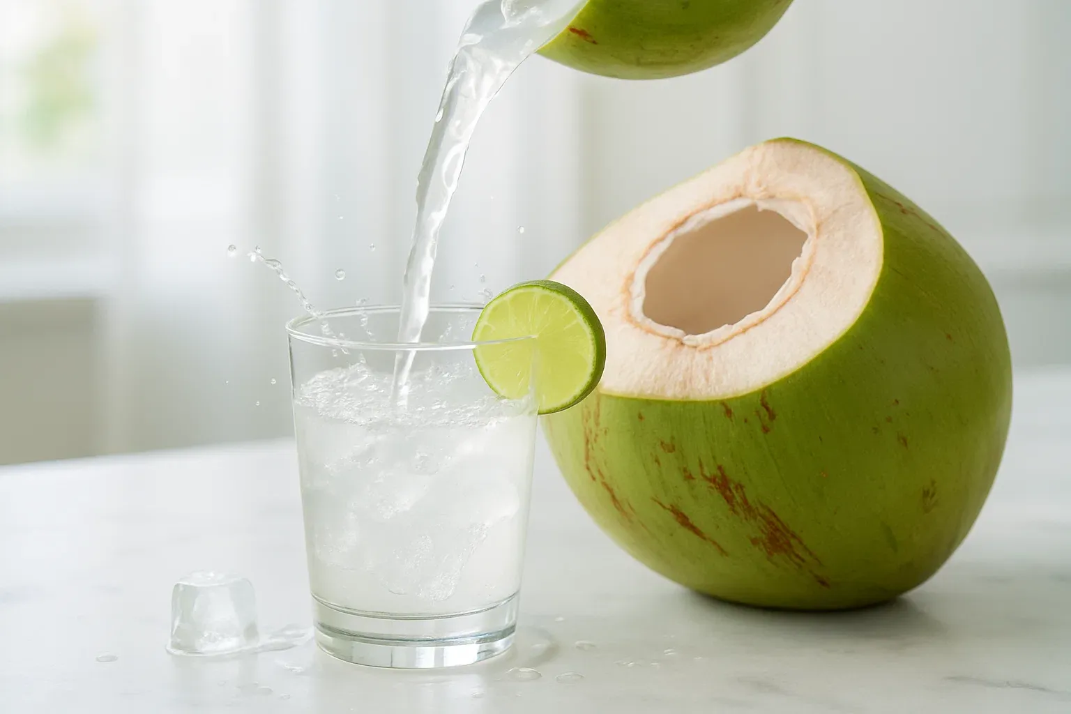 نمای واقعی از آب نارگیل طبیعی روی میز آشپزخانه به‌عنوان یکی از بهترین نوشیدنی های انرژی زا