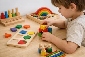 کودک در حال بازی با اسباب‌بازی‌های آموزشی